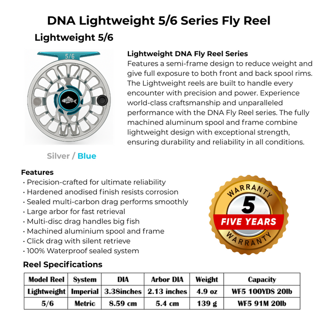 Lightweight Series DNA - 5-6 Reel Size Silver Blue - DNA FISHING TACKLE