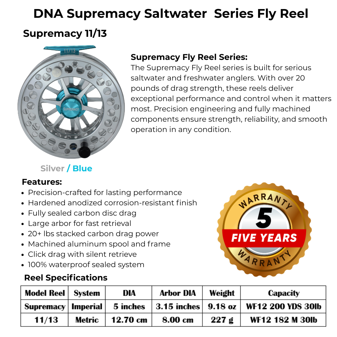 Supremacy Series - Reel Size 11-13 Silver Blue - DNA FISHING TACKLE