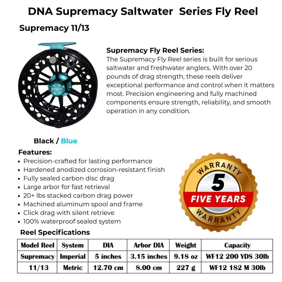 Supremacy Series - Reel Size 11-13 Black Blue - DNA FISHING TACKLE