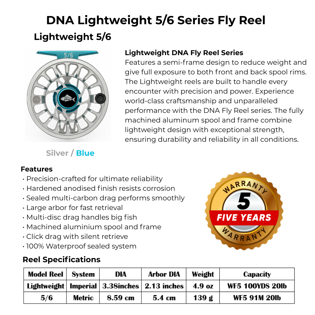 Lightweight Series DNA - 5-6 Reel Size Silver Blue - DNA FISHING TACKLE