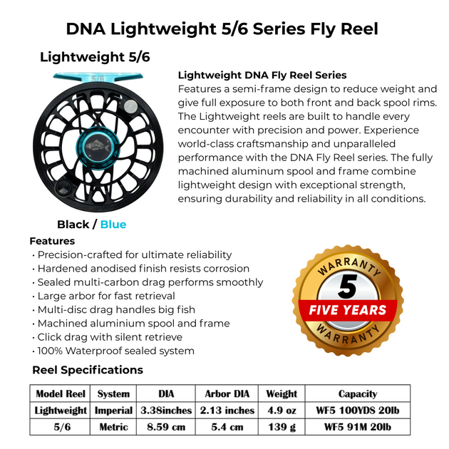 Lightweight Series DNA- 5-6 Reel Size Black Blue - DNA FISHING TACKLE