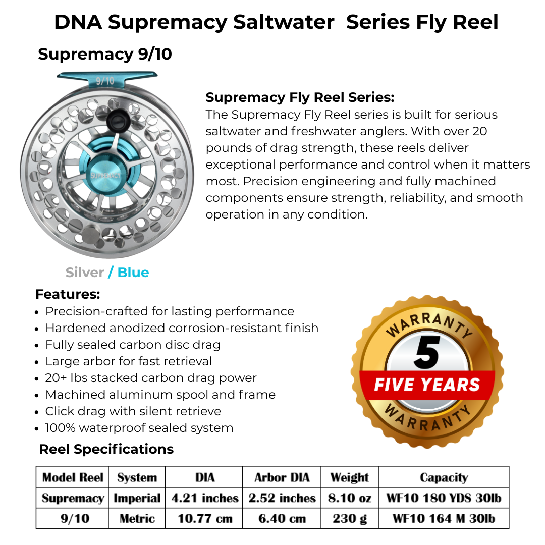 Supremacy Series - Reel Size 9-10 Silver Blue - DNA FISHING TACKLE