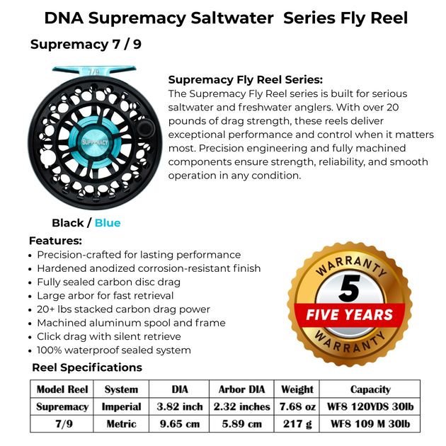 Supremacy Series - Reel Size 7-9 Black Blue - DNA FISHING TACKLE