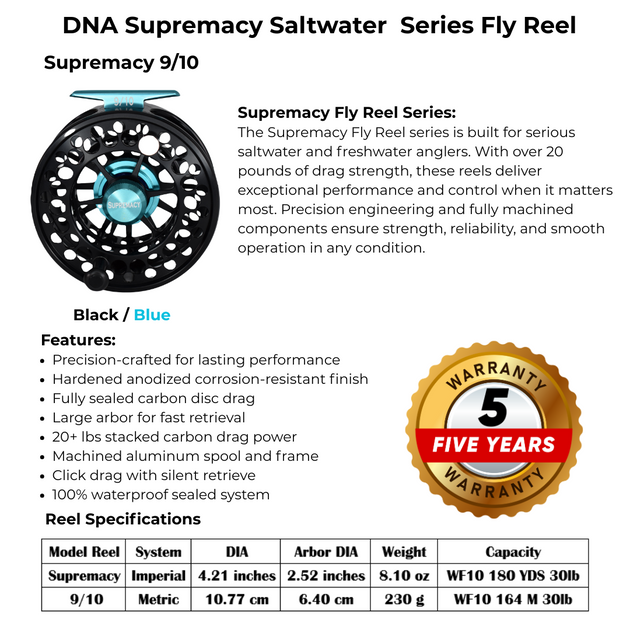 Supremacy Series - Reel Size 9-10 Black Blue - DNA FISHING TACKLE