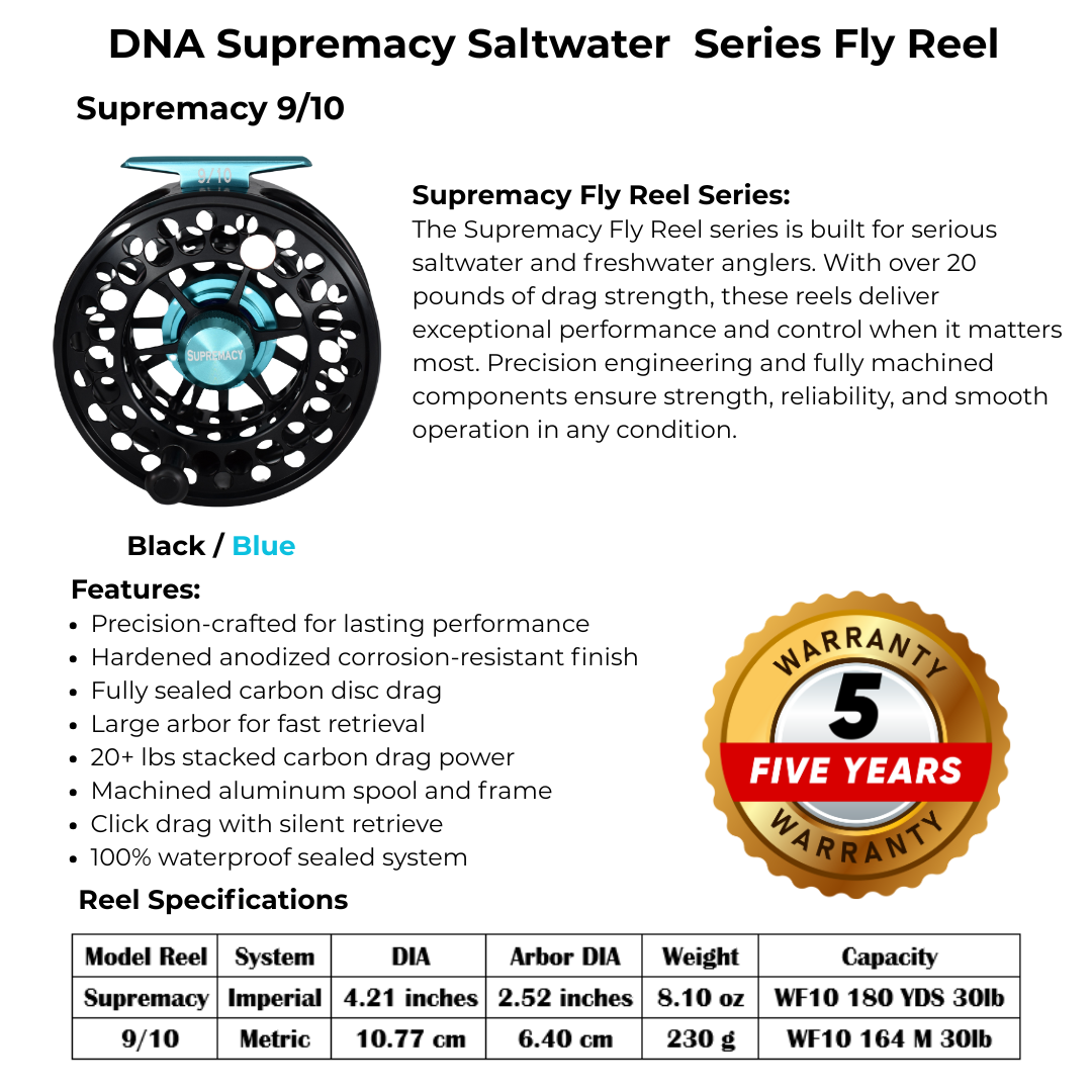 Supremacy Series - Reel Size 9-10 Black Blue - DNA FISHING TACKLE